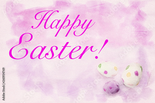 Happy Easter written on pink background with three eggs