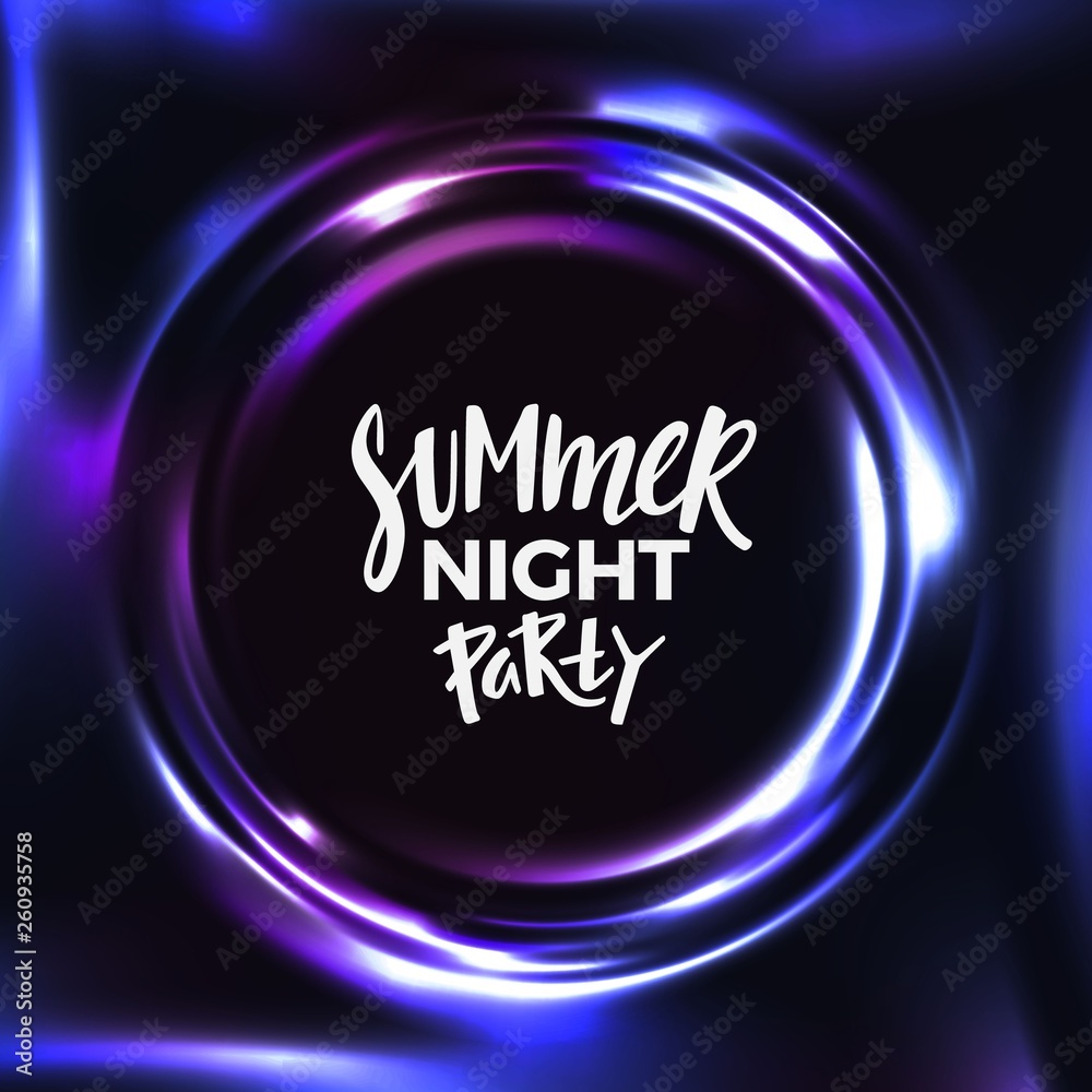 Summer Night Party Banner Lettering on Dark Abstract Neon Background. Vector Blue and Purple Glow Effect Summer Night Party Banner Lettering on Dark Abstract Neon Background. Vector Blue and Purple Glow Effect