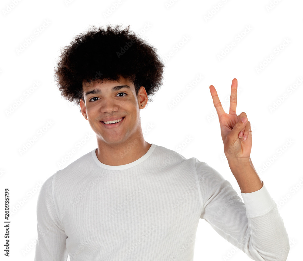 Happy afro guy doing the victory symbol Happy afro guy doing the victory symbol