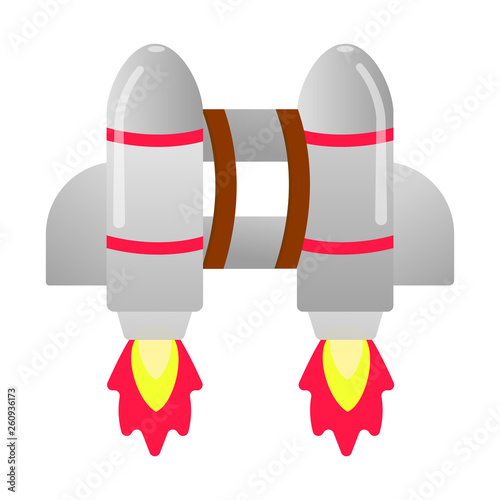 Flying rockets jetpack device flat style design gradient vercion vector illustration isolated on white background icon sign with burning fire flame.