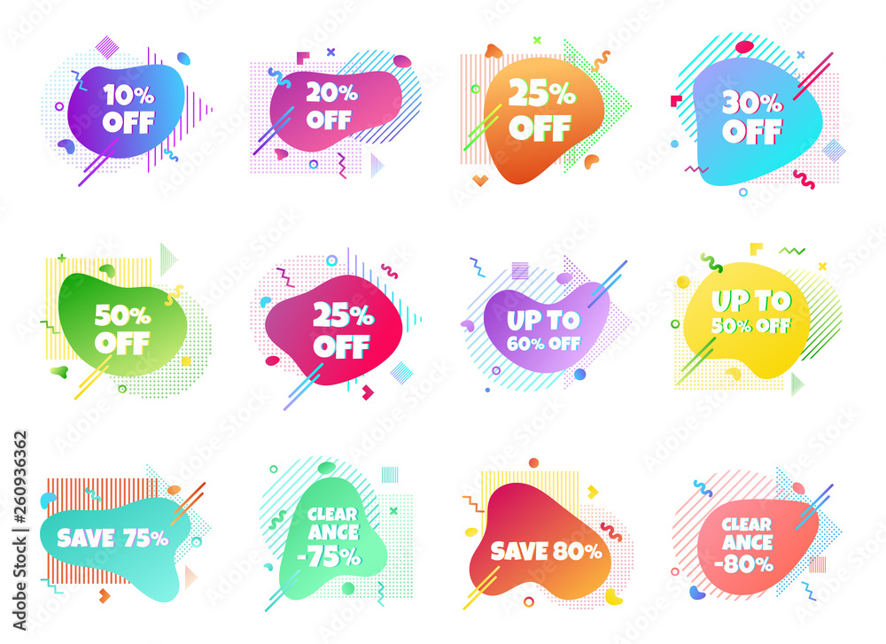 12 Modern liquid abstract special offer price sign discount clearance 10, 25, 50, 75, 80% off set text gradient flat style design fluid vector colorful vector illustration banners or flyer leflet icon