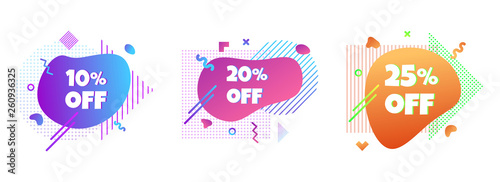 3 Modern liquid abstract special offer price sign 10%, 20%, 25% off DISCOUNT set text gradient flat style design fluid vector colorful vector illustration banners or flyer leflet icon.
