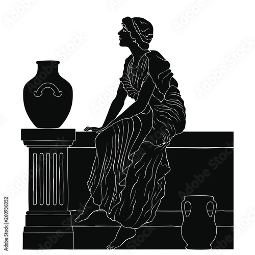 An ancient Greek woman in a tunic is sitting on the parapet between two jugs. Vector image isolated on a white background.