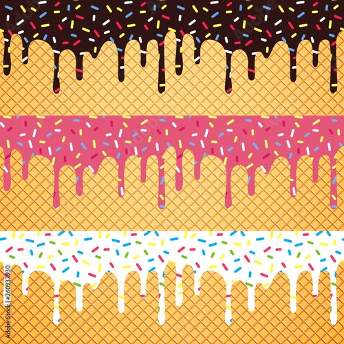 Vector Set of Flowing Glaze with Colorful Sprinkles on Wafer Background. Seamless Borders Design for Packaging