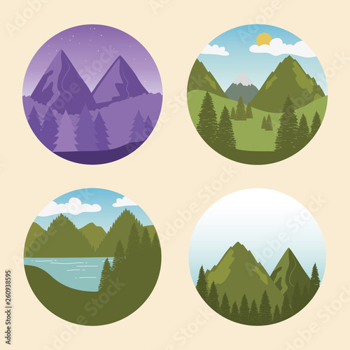 wanderlust label with landscapes set scenes