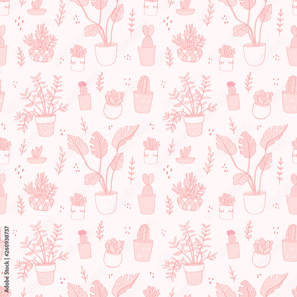 Red seamless pattern with plant in pot. Monstera, cactus and succulent on pink background. Vector illustration.