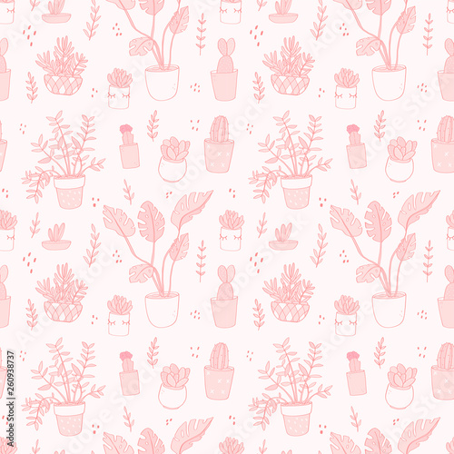 Red seamless pattern with plant in pot. Monstera, cactus and succulent on pink background. Vector illustration.