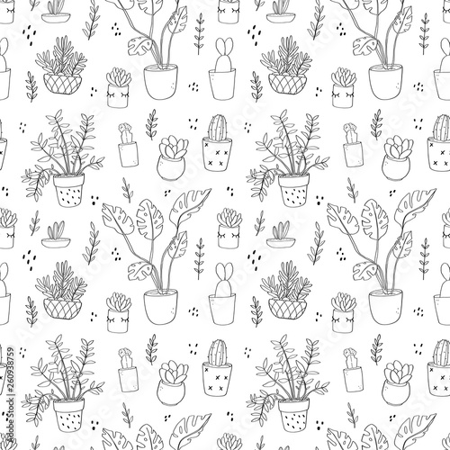 Black and white seamless cute pattern with kind plants in pot. Monstera, cactus, succulent and leaves. Vector illustration 