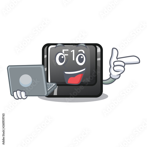 With laptop button f12 on a keyboard mascot