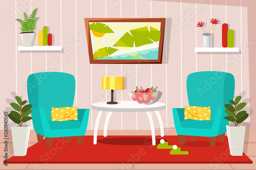 The interior of the living room in cartoon style. Cozy room with furniture  table  two chairs  carpet. Vector.