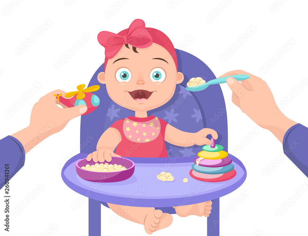 Mother feeds the child. Feeding baby porridge sitting on a chair. Feeding a baby with a spoon distracting him with a toy. Mom feeds the little girl, distracting her with a toy. Vector illustration. Mother feeds the child. Feeding baby porridge sitting on a chair. Feeding a baby with a spoon distracting him with a toy. Mom feeds the little girl, distracting her with a toy. Vector illustration.