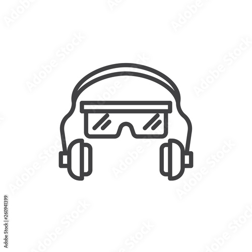 Ear and eye protection line icon. Safety glasses and earphones linear style sign for mobile concept and web design. Ear plugs and goggles outline vector icon. Mandatory symbol, logo illustration.