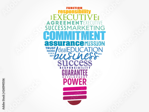 Commitment light bulb word cloud collage, business concept background