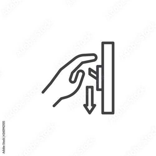 Switch off after use line icon. Hand turning off the light linear style sign for mobile concept and web design. Toggle switch outline vector icon. Mandatory symbol, logo illustration. Pixel perfect 