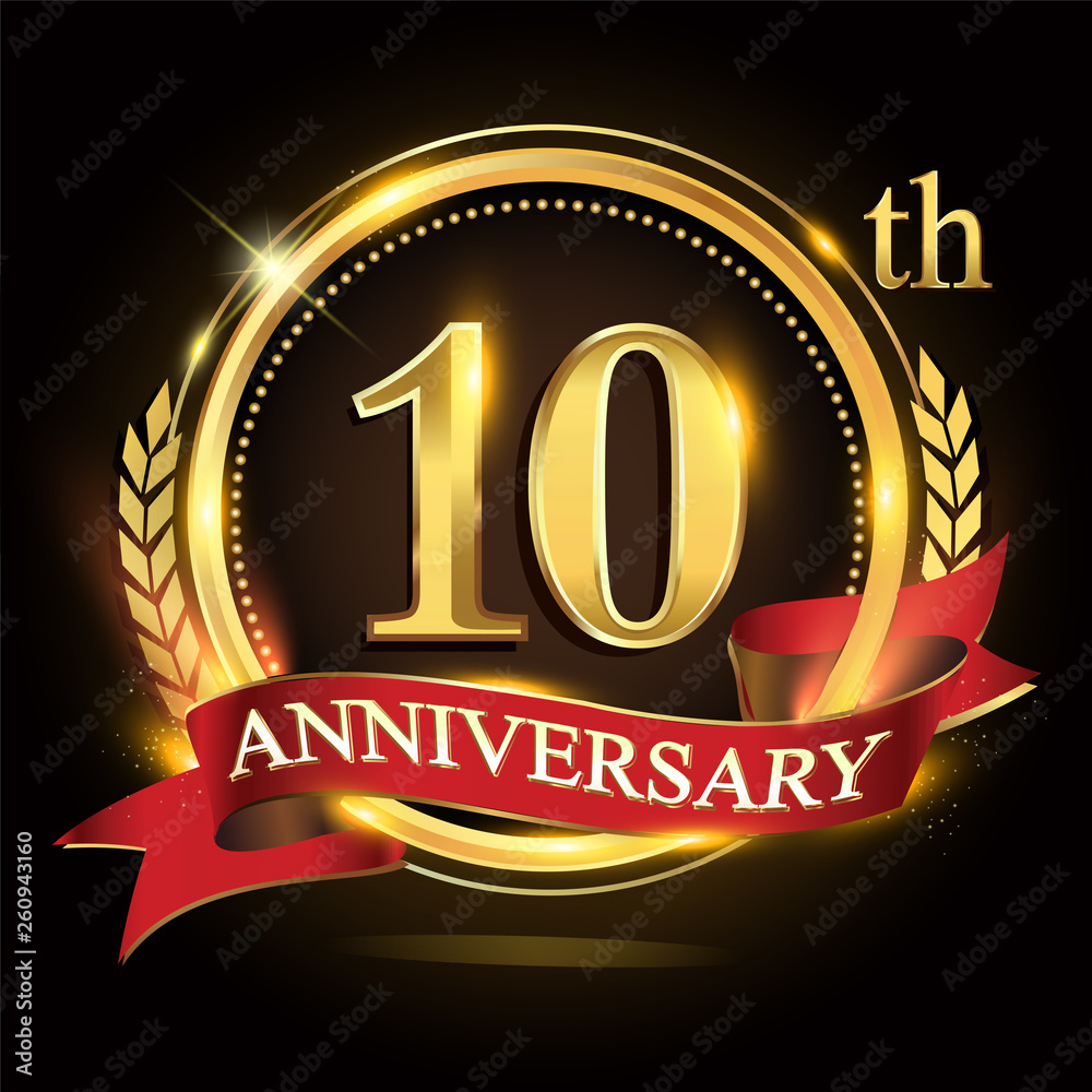 10th golden anniversary logo, with shiny ring and red ribbon, laurel wreath isolated on black background, vector design for birthday celebration. 10th golden anniversary logo, with shiny ring and red ribbon, laurel wreath isolated on black background, vector design for birthday celebration.