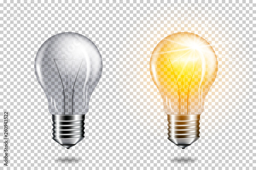 Set of realistic transparent light bulbs, isolated.