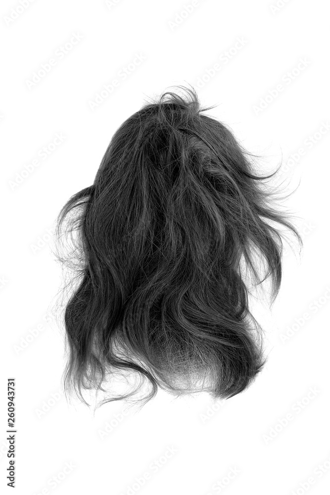 Very disheveled black hair isolated on white background. Bad hair day clipart. Back view Very disheveled black hair isolated on white background. Bad hair day clipart. Back view