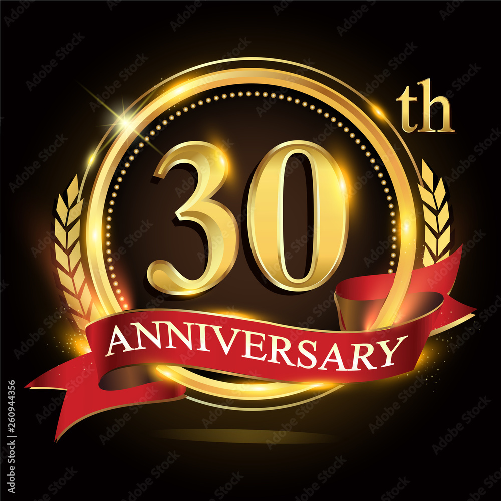30th golden anniversary logo, with shiny ring and red ribbon, laurel wreath isolated on black background, vector design for birthday celebration. 30th golden anniversary logo, with shiny ring and red ribbon, laurel wreath isolated on black background, vector design for birthday celebration.