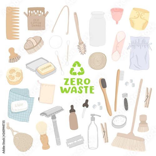 Zero waste life, vector illustrations isolated, including bathroom elements, loofah, eco bamboo toothbrush, menstrual cup, wooden comb, razor, eco swabs