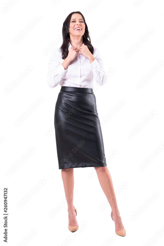 Happy relaxed laughing business woman getting dressed and ready for job. Full body isolated on white background. Happy relaxed laughing business woman getting dressed and ready for job. Full body isolated on white background.