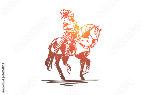 Knight, horse, medieval, character, armor concept. Hand drawn isolated vector.