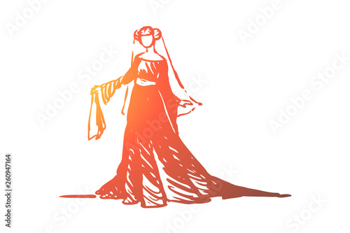 Woman, dress, medieval, elegant, clothes concept. Hand drawn isolated vector.
