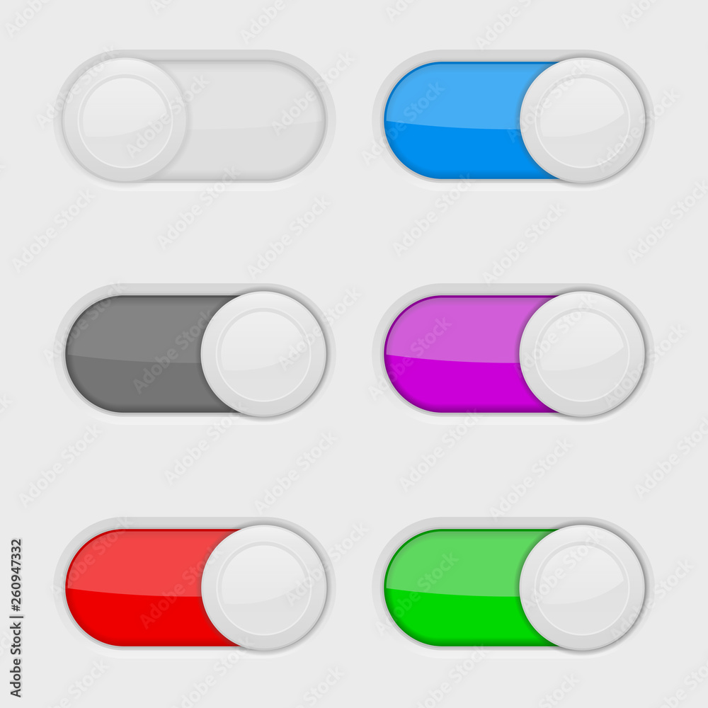 Toggle switch buttons. Colored On and Off web icons Toggle switch buttons. Colored On and Off web icons