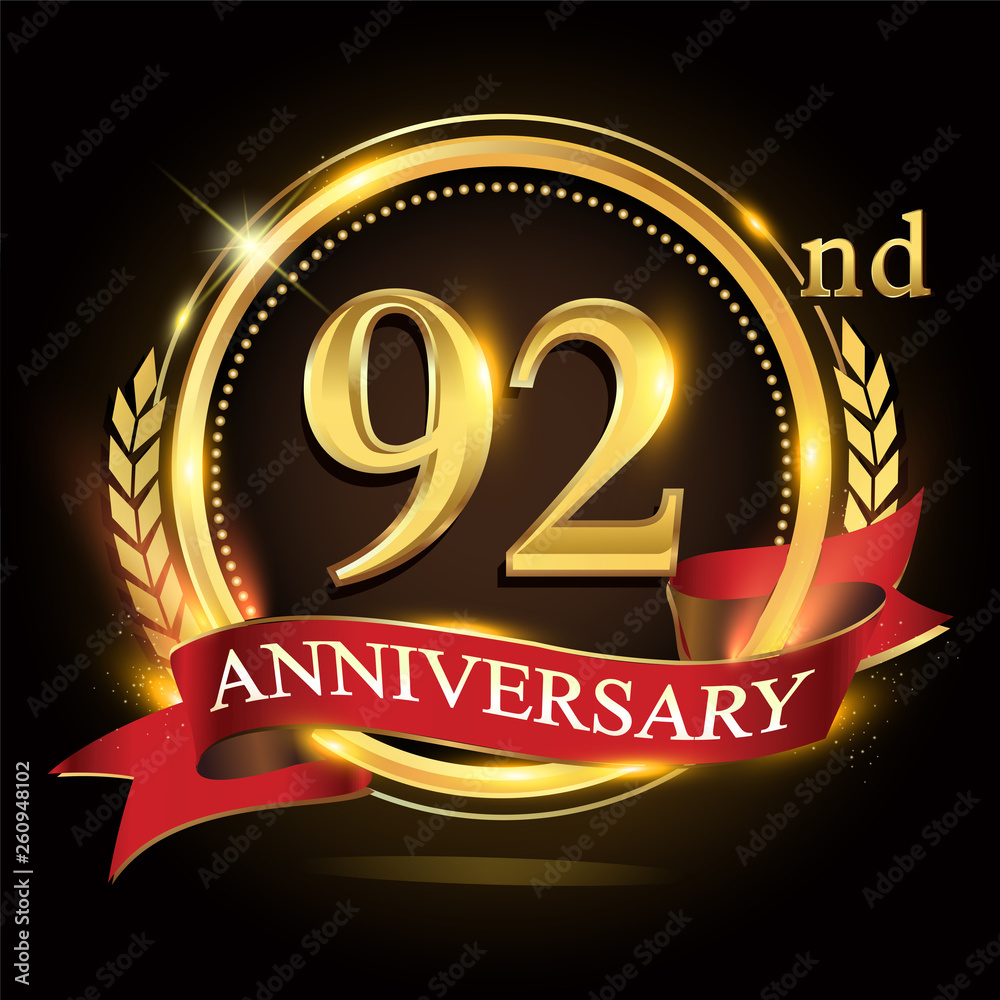 92nd golden anniversary logo, with shiny ring and red ribbon, laurel wreath isolated on black background, vector design for birthday celebration. 92nd golden anniversary logo, with shiny ring and red ribbon, laurel wreath isolated on black background, vector design for birthday celebration.