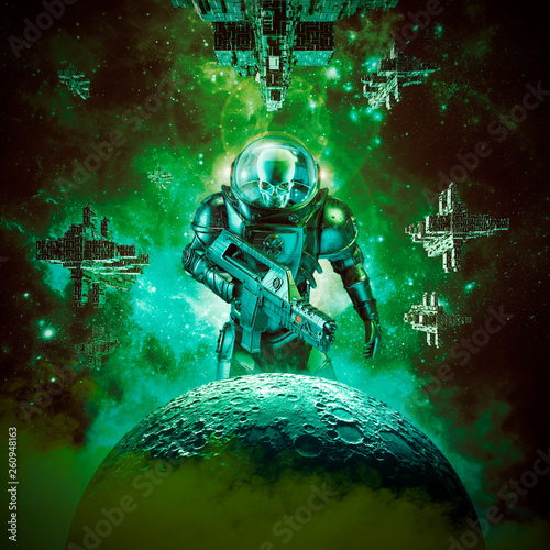 Fotografi Skeleton military astronaut warrior / 3D illustration of science fiction scene o