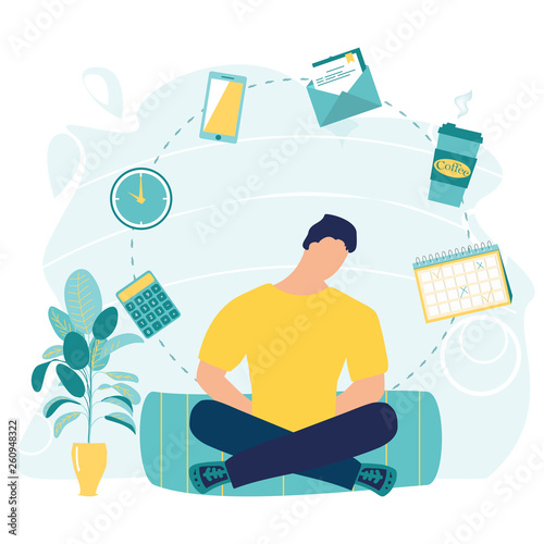 Businessman doing yoga, get calm in office. Relax, meditation, good time management concept. Business yoga concept. Office process icons on background. Meditation zen pose. Vector flat illustration.