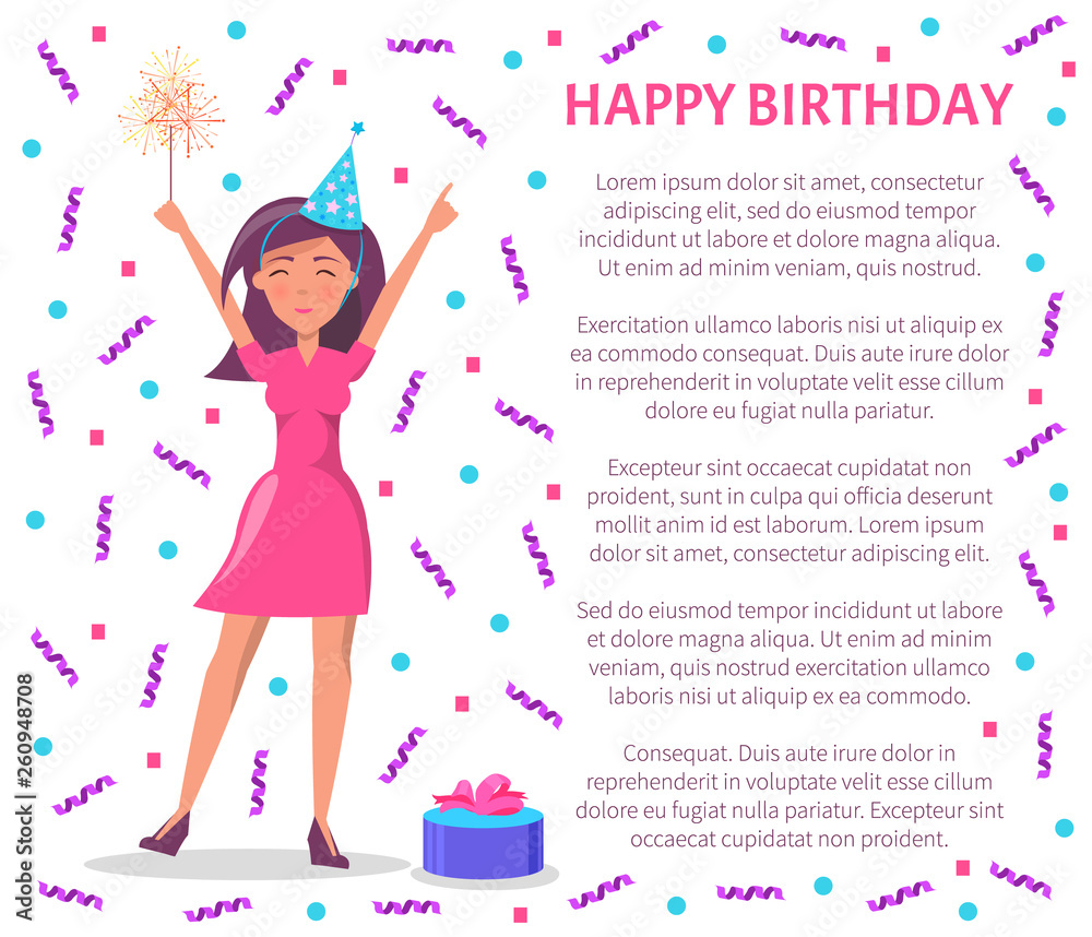 Woman with stretched hands happy to have party vector. Poster with text, flying confetti and present with decorative bow in box. Gift for lady wearing cap Woman with stretched hands happy to have party vector. Poster with text, flying confetti and present with decorative bow in box. Gift for lady wearing cap