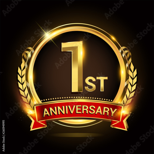 1st golden anniversary logo, with shiny ring and red ribbon, laurel wreath isolated on black background, vector design