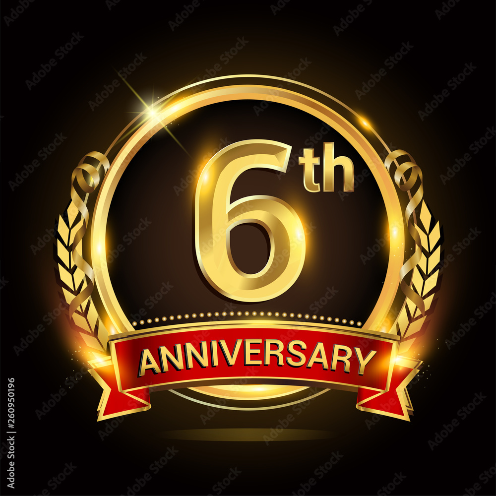6th golden anniversary logo, with shiny ring and red ribbon, laurel wreath isolated on black background, vector design 6th golden anniversary logo, with shiny ring and red ribbon, laurel wreath isolated on black background, vector design