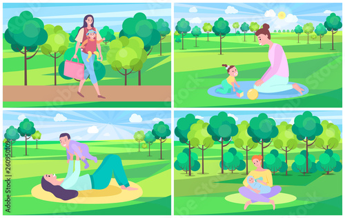 Mother with kid vector set, mom walking in forest carrying newborn child. Woman feeding baby, trees and green lawns, playing mum fair weather outdoors