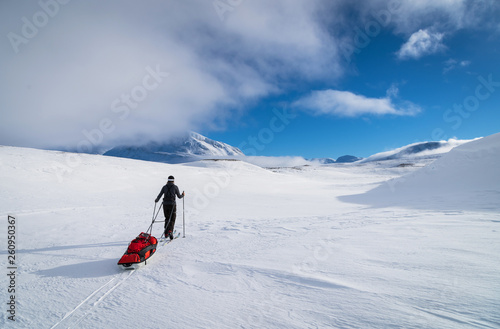 Cross country skier with sled (pulk) in Sarek National Park, Swedish Lapland.  photo