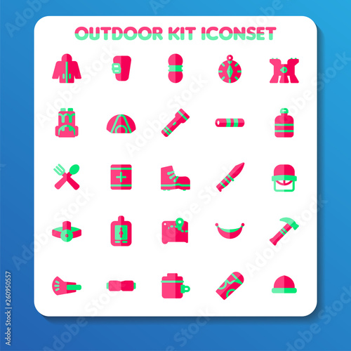 Outdoor kit icon set Flat style PINK GREEN