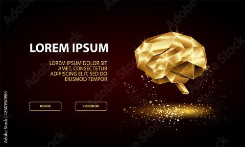Technology Landing Page Template with low poly golden human brain.