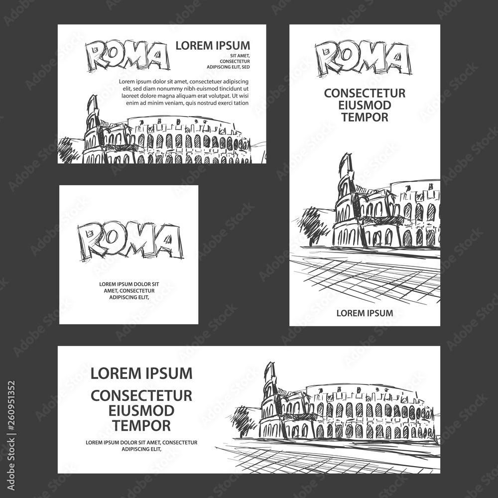 Rome trip banner set with Colosseum illustration. Hand drawn Colosseum sketch background for banner, cover, flyer, announcement, invitation.