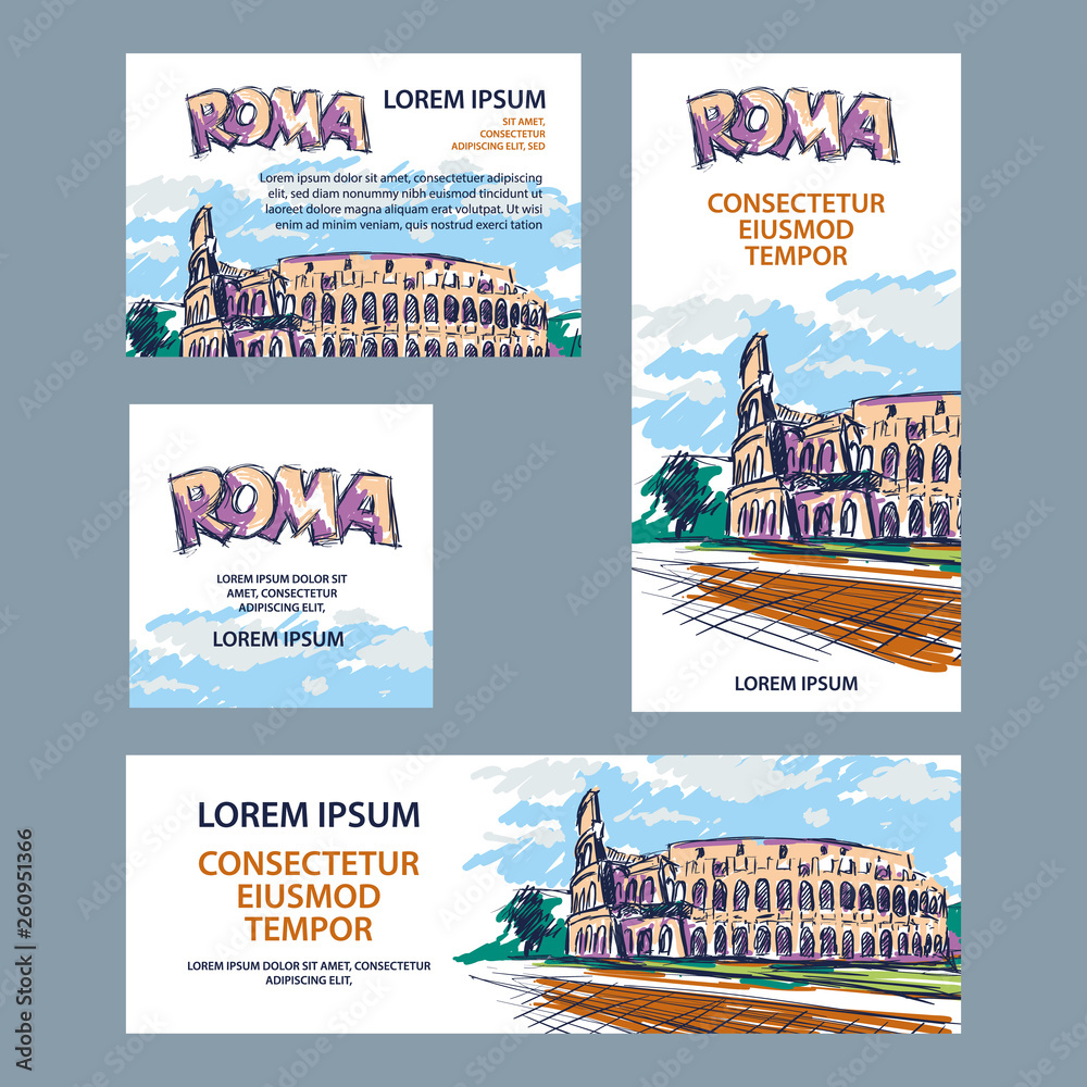 Rome trip banner set with Colosseum illustration. Hand drawn color Colosseum sketch background for banner, cover, flyer, announcement.