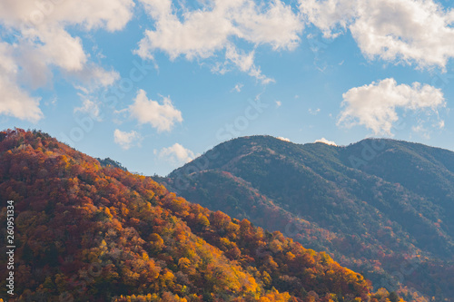 Colorful Mountain landscape in autumn with blue sky.