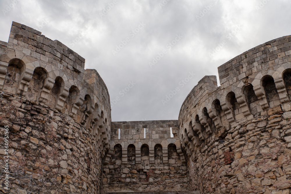 Architecture details of Kalemegdan fortress in Belgrade, Zindan gate, with cloudy sky