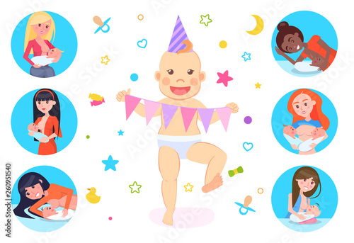 Child with happy face vector, motherhood set. Baby dancing with flags wearing celebration paper hat. Breastfeeding mothers with children family care