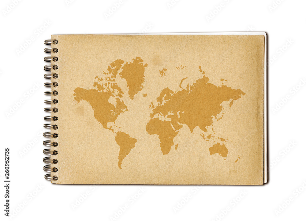 Vintage world map on an old notebook