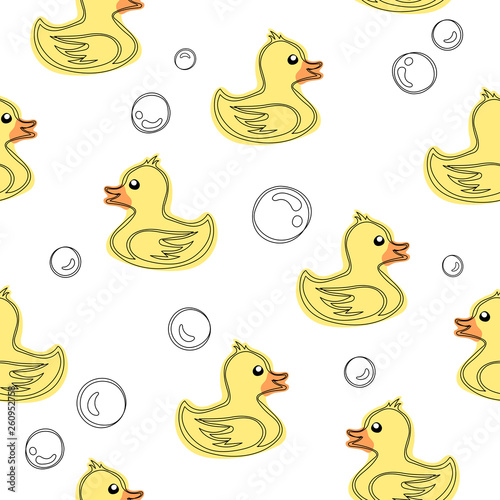 Children's seamless background with ducklings. Pattern with ducks on white back.