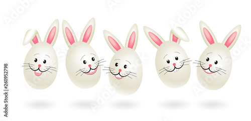 Card White easter eggs with rabbit ears and face, Banner with funny jumping easter bunnies Vector illustration isolated on white background