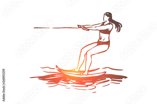 Water skiing, sea, summer, water, activity concept. Hand drawn isolated vector.