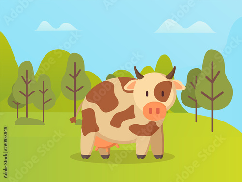 Spotted cow standing on green grass vector cartoon animal on background of green trees. Vector beef in spring forest  cute childish kine neat outdoors