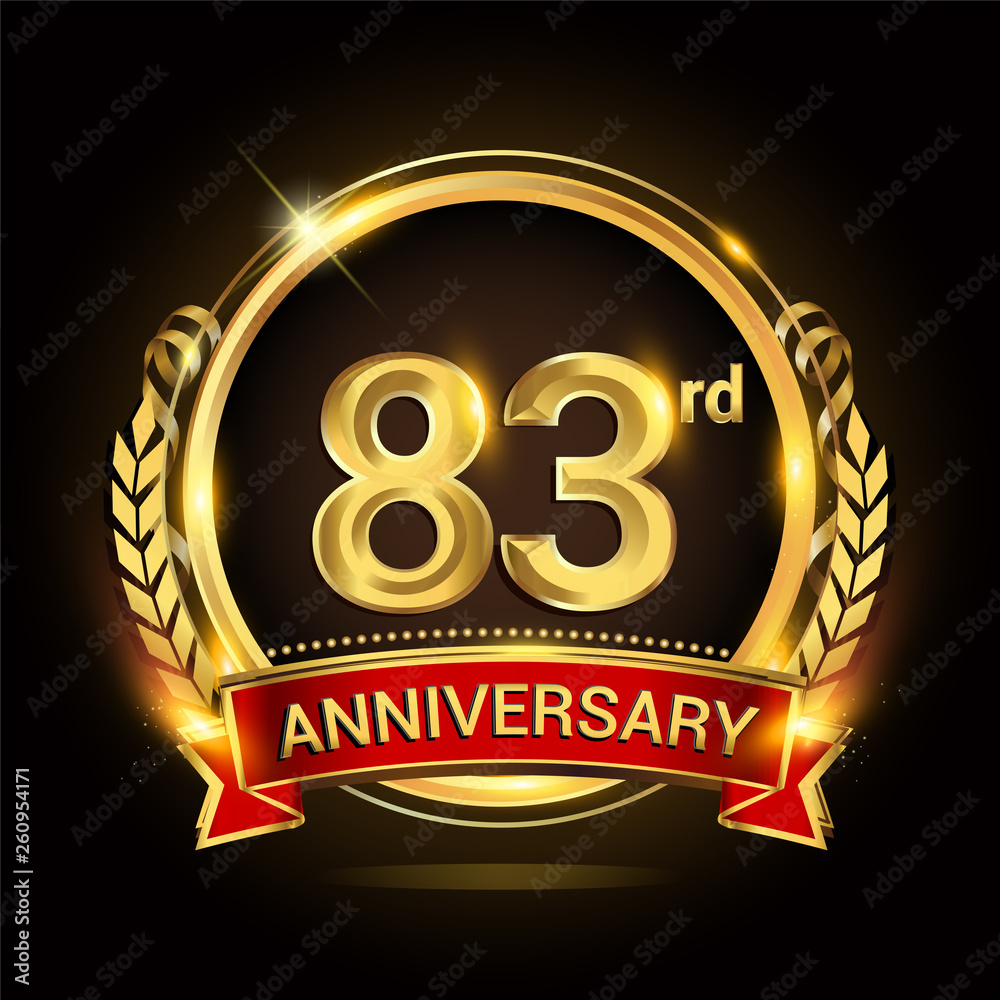 83rd golden anniversary logo, with shiny ring and red ribbon, laurel wreath isolated on black background, vector design 83rd golden anniversary logo, with shiny ring and red ribbon, laurel wreath isolated on black background, vector design