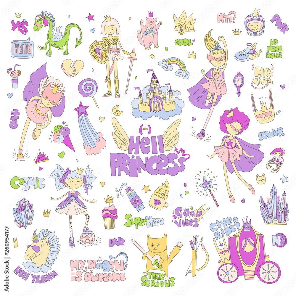 Brave tomboy Hell princess vector cartoon set. Princess magic and feminism illustration, little teen girl, princess superhero and warrior, brave girl illustration. Feminism princesses collection -