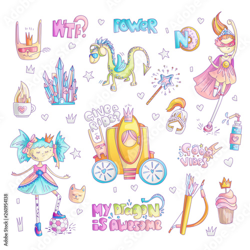 Brave tomboy princess vector cartoon set. Princess magic and feminism illustration, little teen girl with ball, princess superhero, brave girl illustration. Feminism princesses collection - dragon